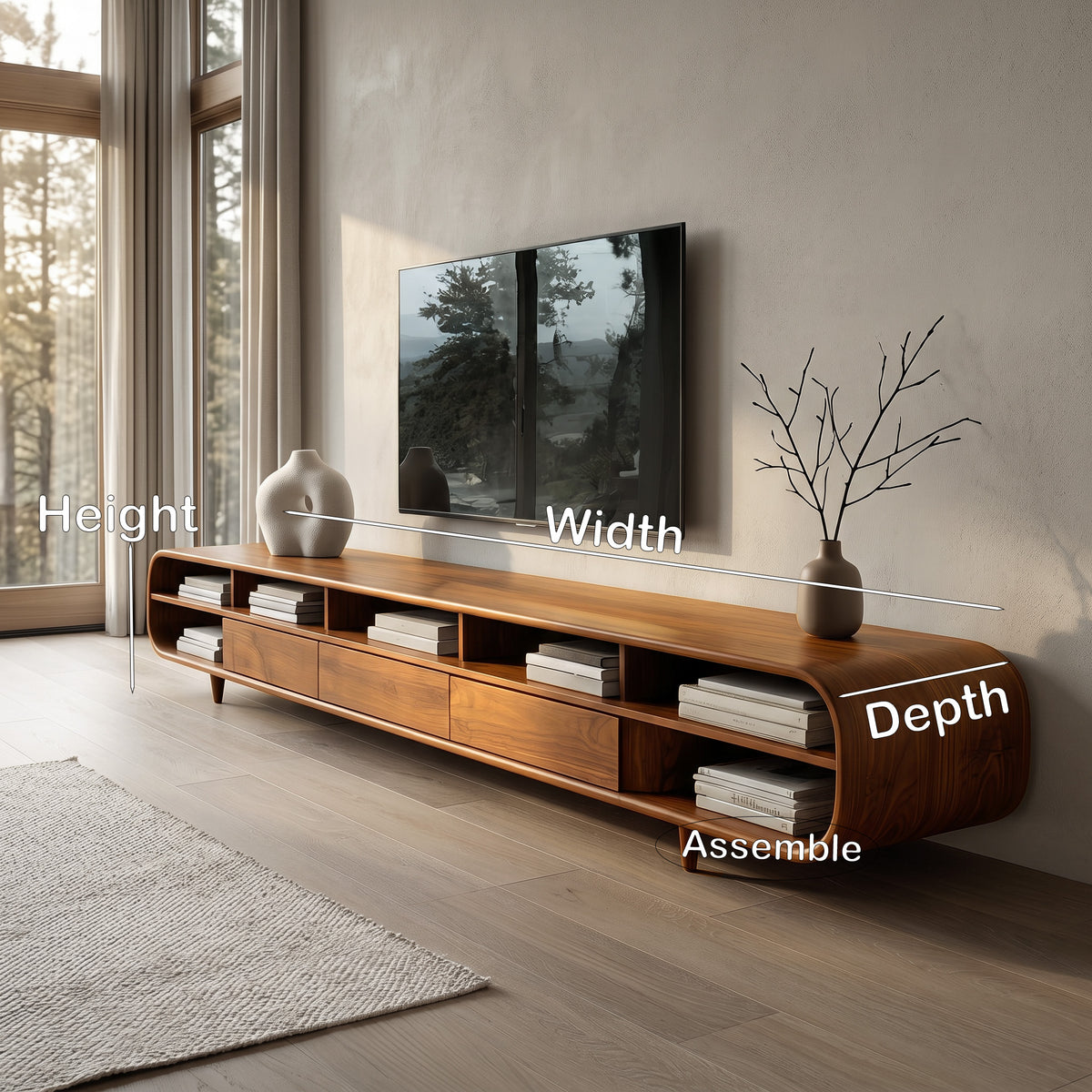 Mid-Century Solid Wood TV Cabinet with Drawers and Open Shelves - Image 8