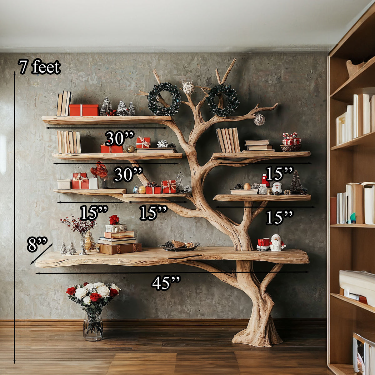 Tall Tree Branch Wall Bookshelf with Driftwood Look, 84 Inch - Image 4