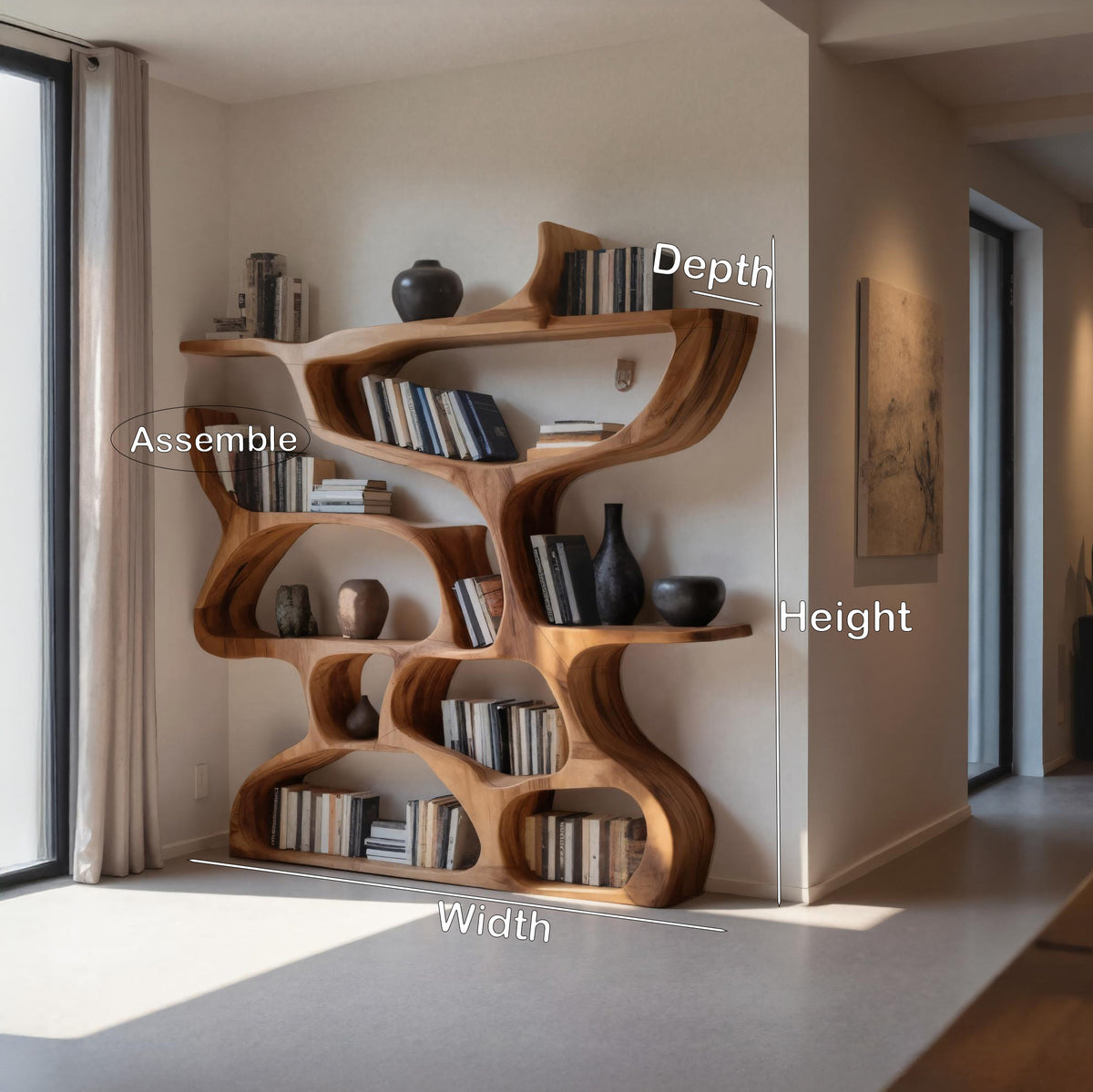 Organic Carved Solid Wood Bookshelf with Open Compartments - Image 8