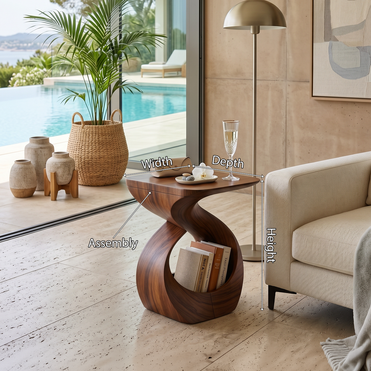 Contemporary Curved Solid Wood End Table with Open Sculptural Base - Image 8