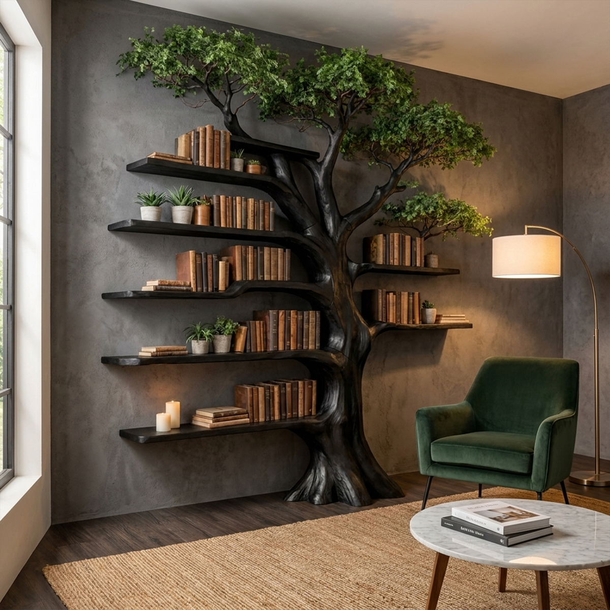 Solid Wood Tree Bookcase with Built-In Reading Bench - Image 4