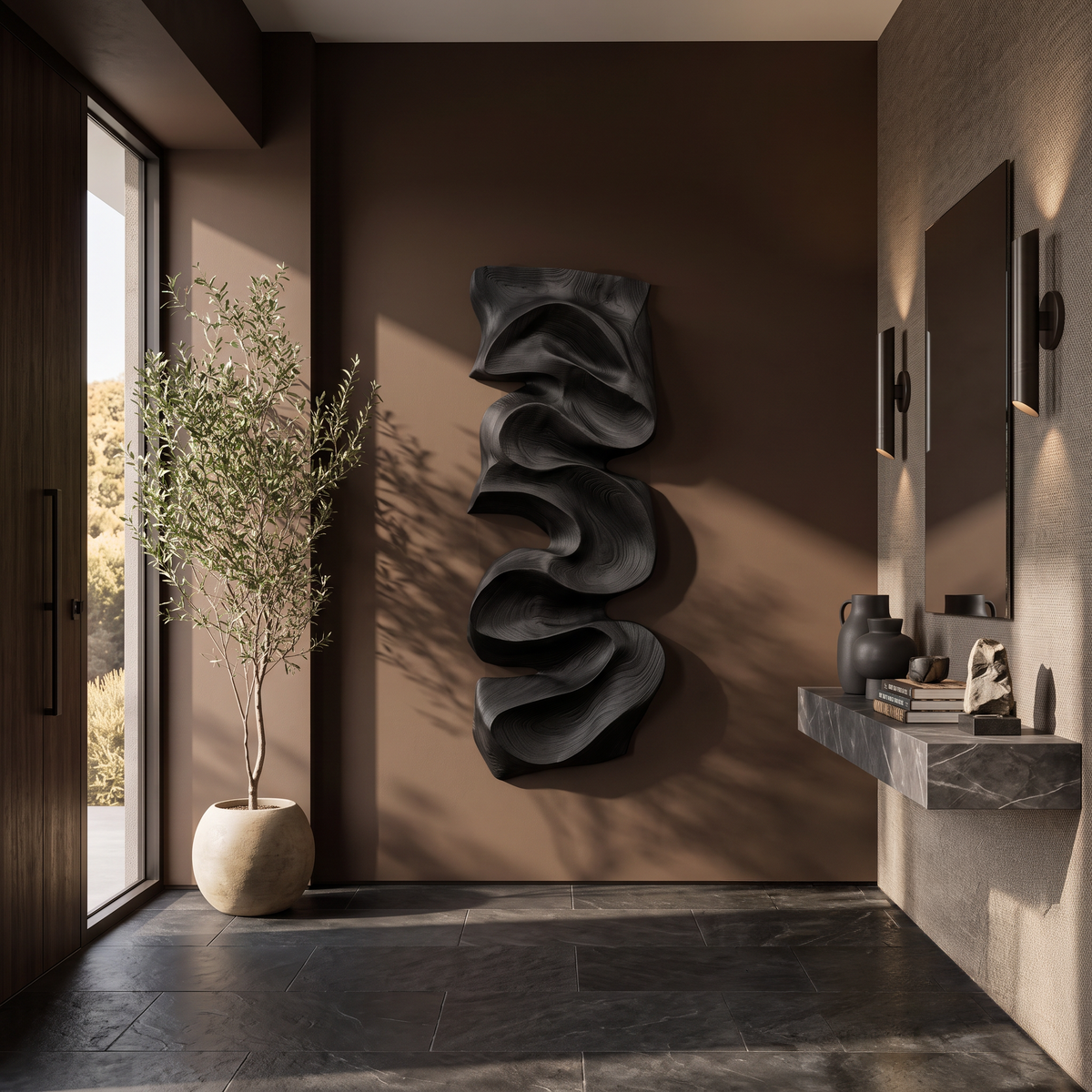 Carved Solid Wood Wall Art Panel with Cascading Curves - Image 4