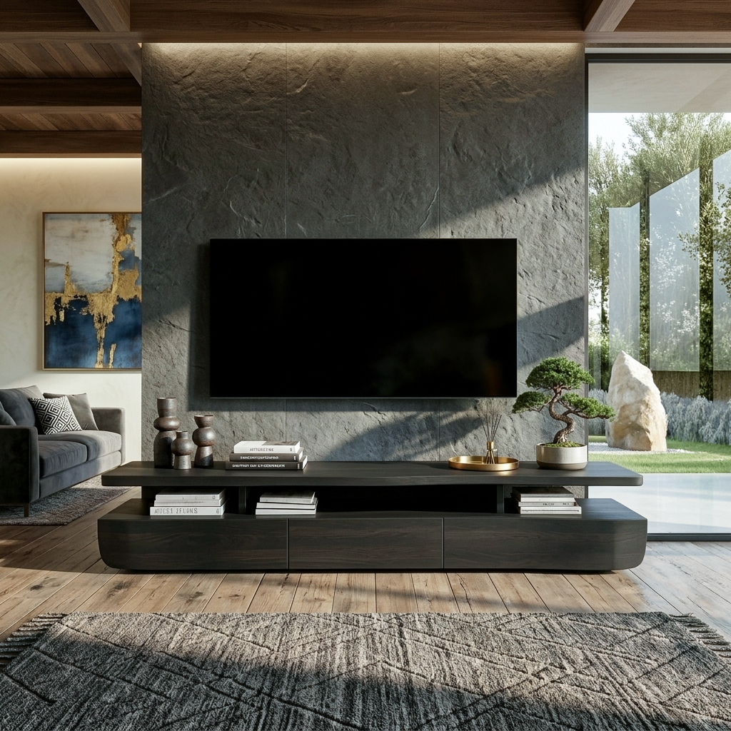 Contemporary Solid Wood TV Cabinet with Storage Drawers and Open Shelf - Image 4