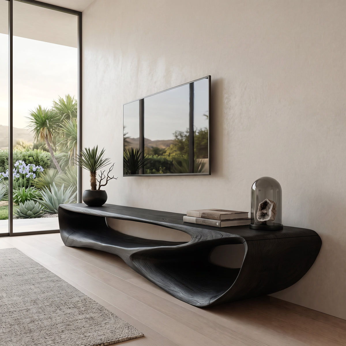 Curved Solid Wood Low TV Console with Open Center - Image 4