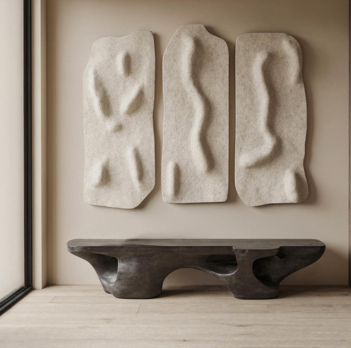 Carved Solid Wood Sculptural Bench in Black for Living Room - Image 4