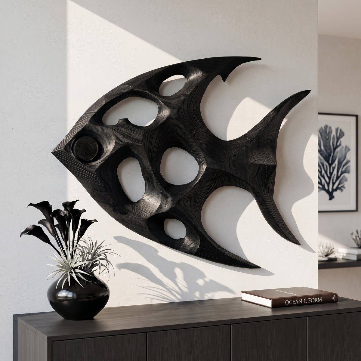 Fish Inspired Sculptural Solid Wood Wall Art with Open Voids - Image 4