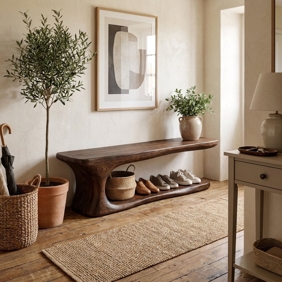 Rustic Live Edge Solid Wood Shoe Bench for Entryway - Image 7