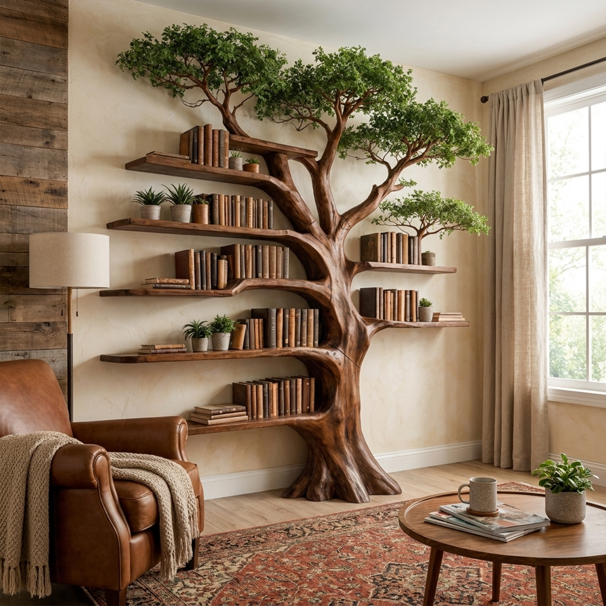 Solid Wood Tree Bookcase with Built-In Reading Bench - Image 7