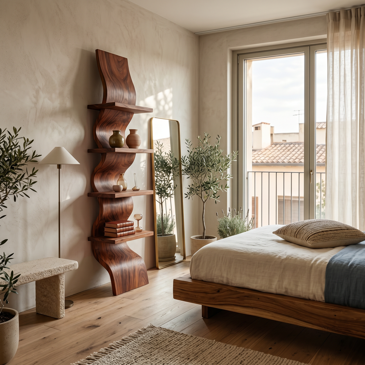 Curved Wave Solid Wood Floating Shelf with Central Spine - Image 6