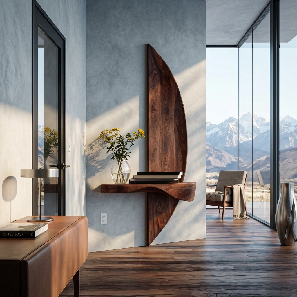 Solid Wood Sculptural Floating Wall Shelf with Arched Support - Image 7