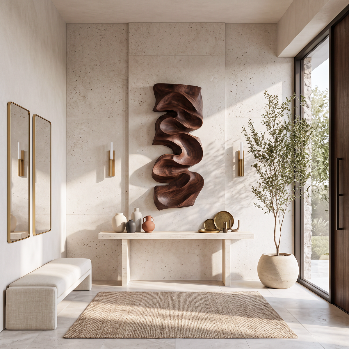 Carved Solid Wood Wall Art Panel with Cascading Curves - Image 7