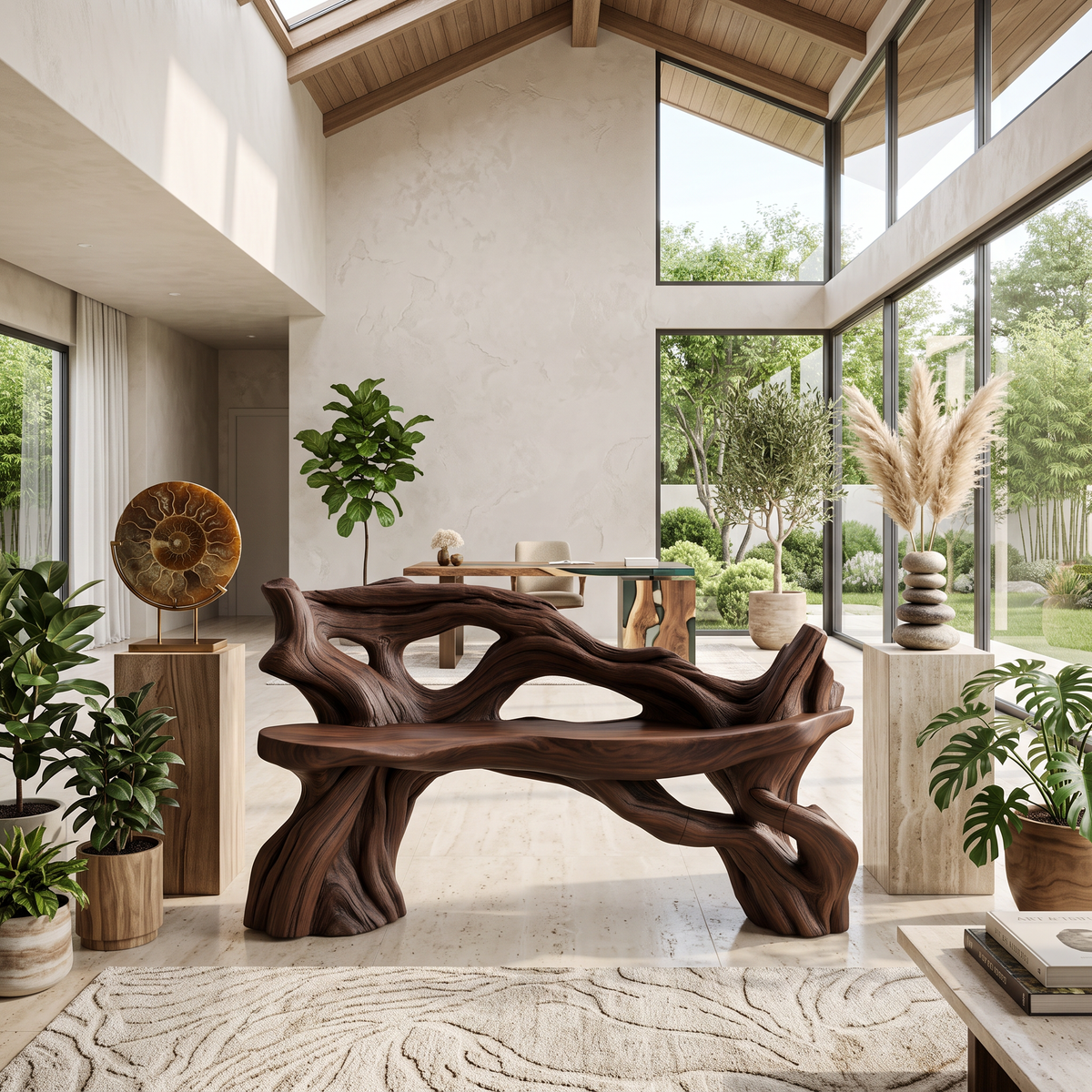 Hand Carved Solid Wood Branch Bench for Garden and Entry - Image 7