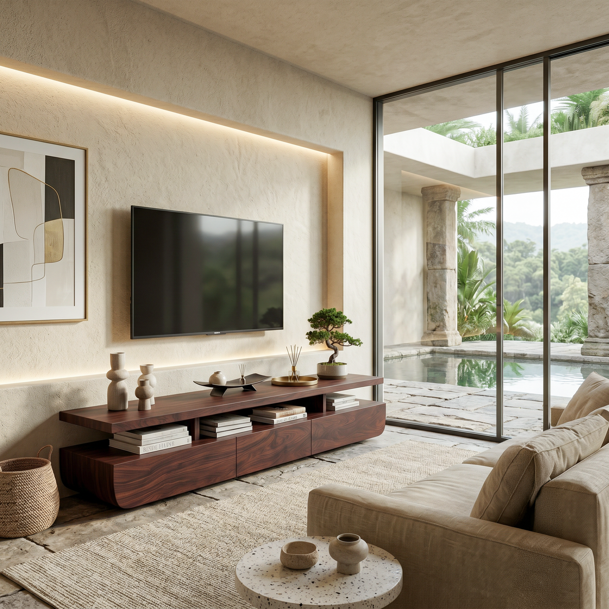 Contemporary Solid Wood TV Cabinet with Storage Drawers and Open Shelf - Image 7