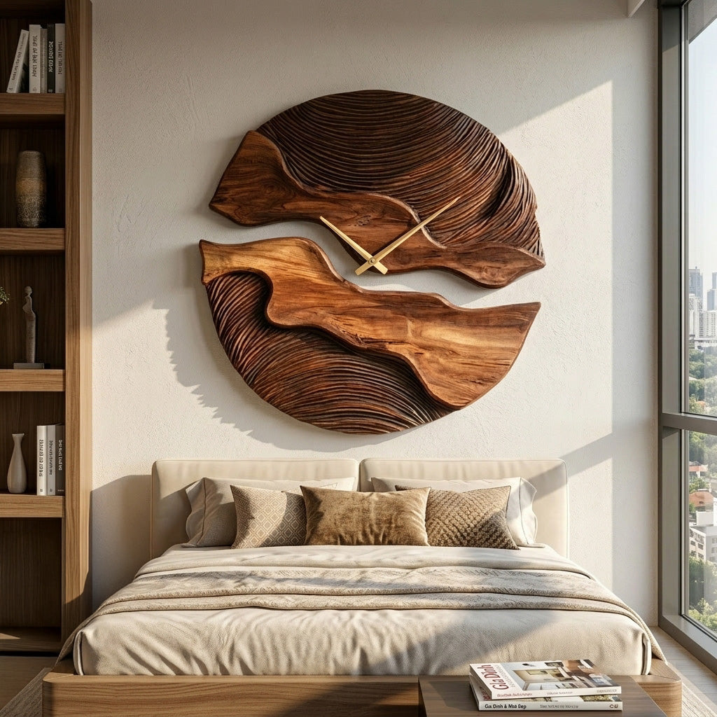 Carved Solid Wood Wall Clock with Organic Split Form - Image 2