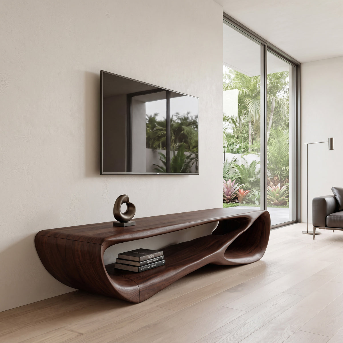 Curved Solid Wood Low TV Console with Open Center - Image 7