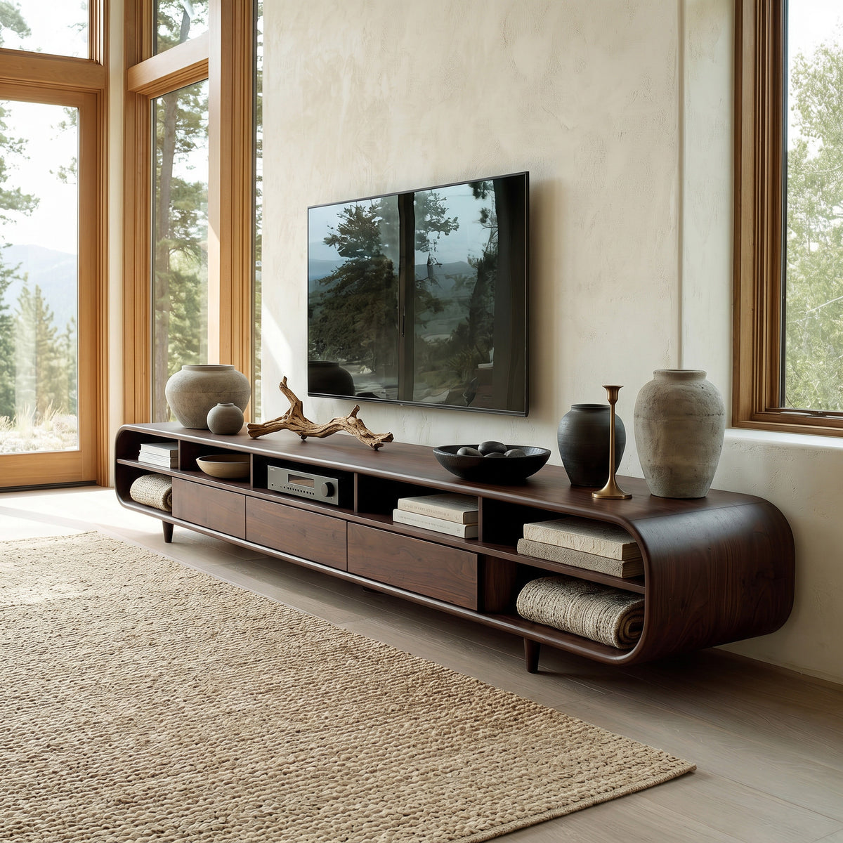 Mid-Century Solid Wood TV Cabinet with Drawers and Open Shelves - Image 7