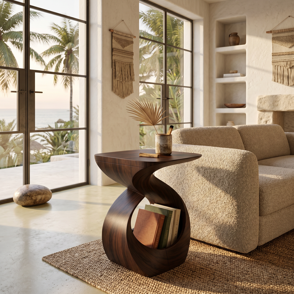 Contemporary Curved Solid Wood End Table with Open Sculptural Base - Image 7