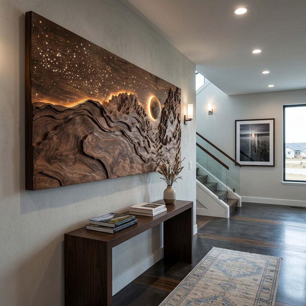 Hand-Carved Solid Wood Eclipse Wall Art with LED Backlight - Image 6
