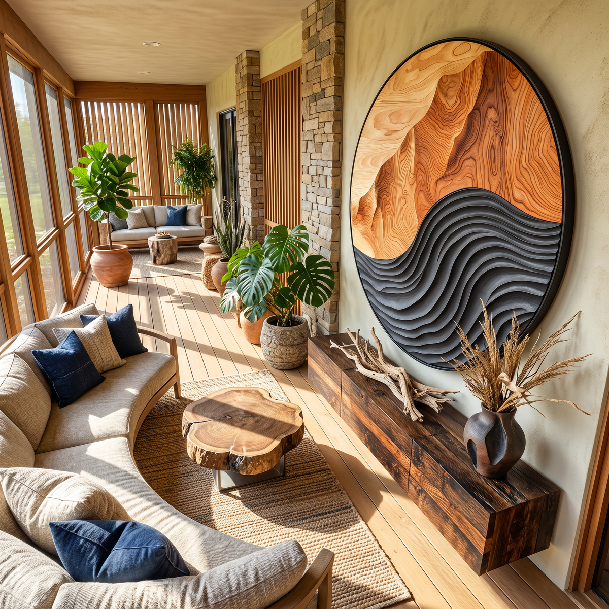 Hand-Carved Solid Hardwood Wave Wall Sculpture, Mid-Century Style - Image 4