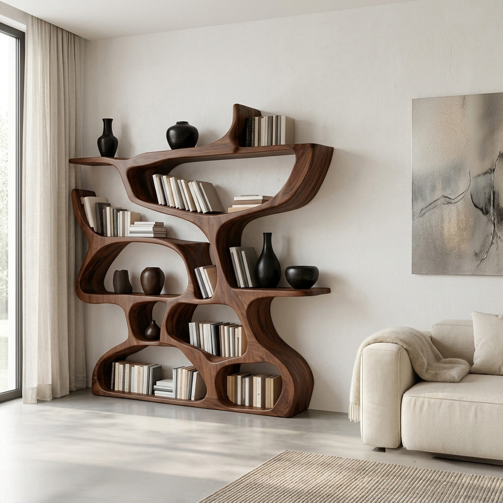 Organic Carved Solid Wood Bookshelf with Open Compartments - Image 7