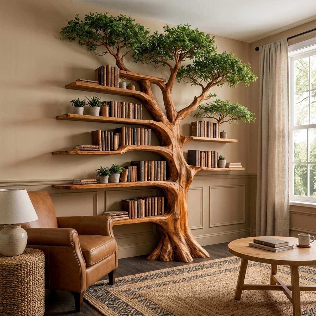 Solid Wood Tree Bookcase with Built-In Reading Bench - Image 6