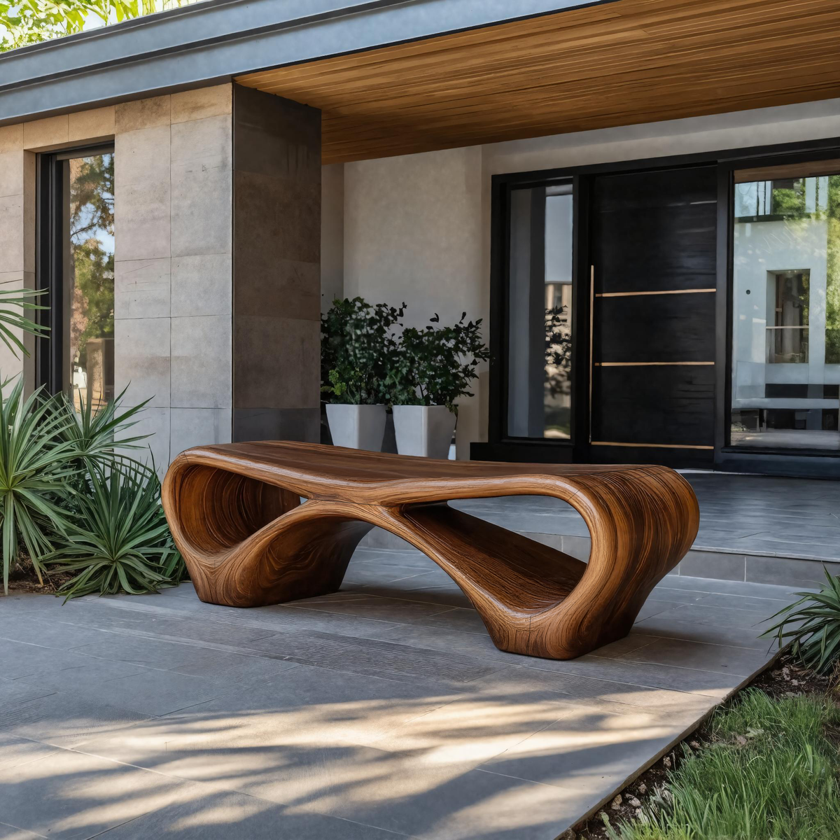 Curved Loop Solid Wood Outdoor Bench for Garden and Patio - Image 6