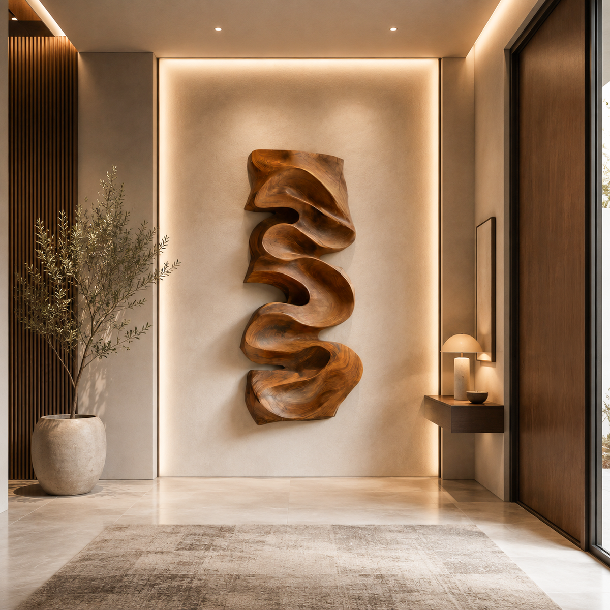 Carved Solid Wood Wall Art Panel with Cascading Curves - Image 6