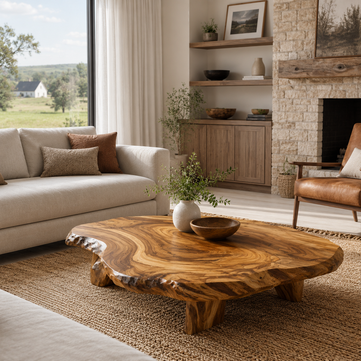 Live Edge Solid Wood Coffee Table with Block Legs - Image 6