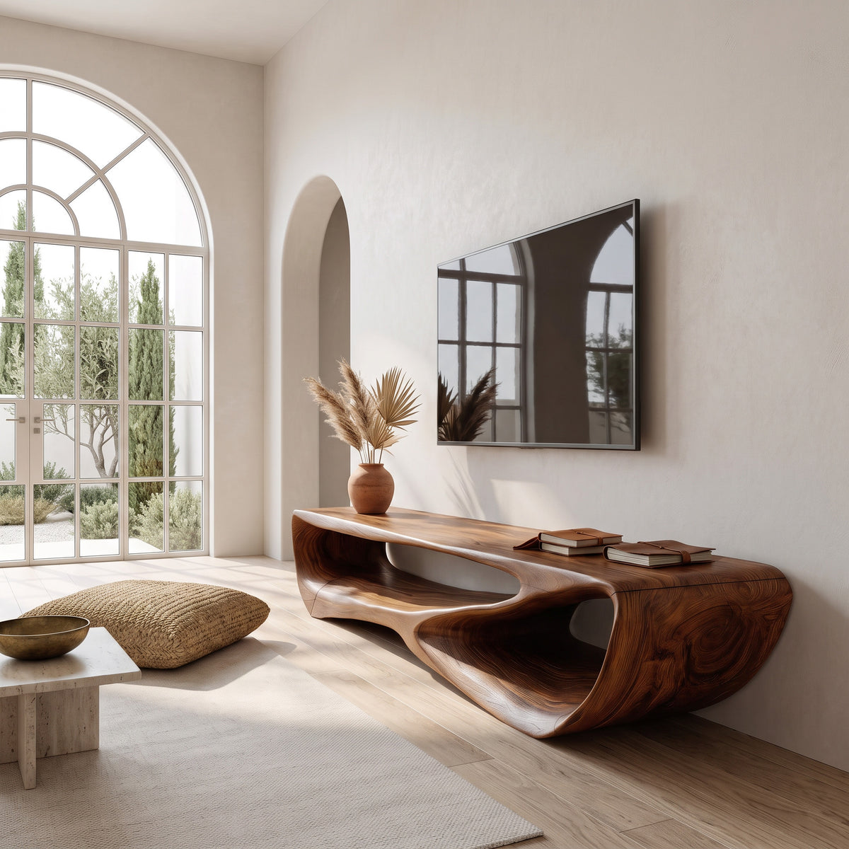 Curved Solid Wood Low TV Console with Open Center - Image 6