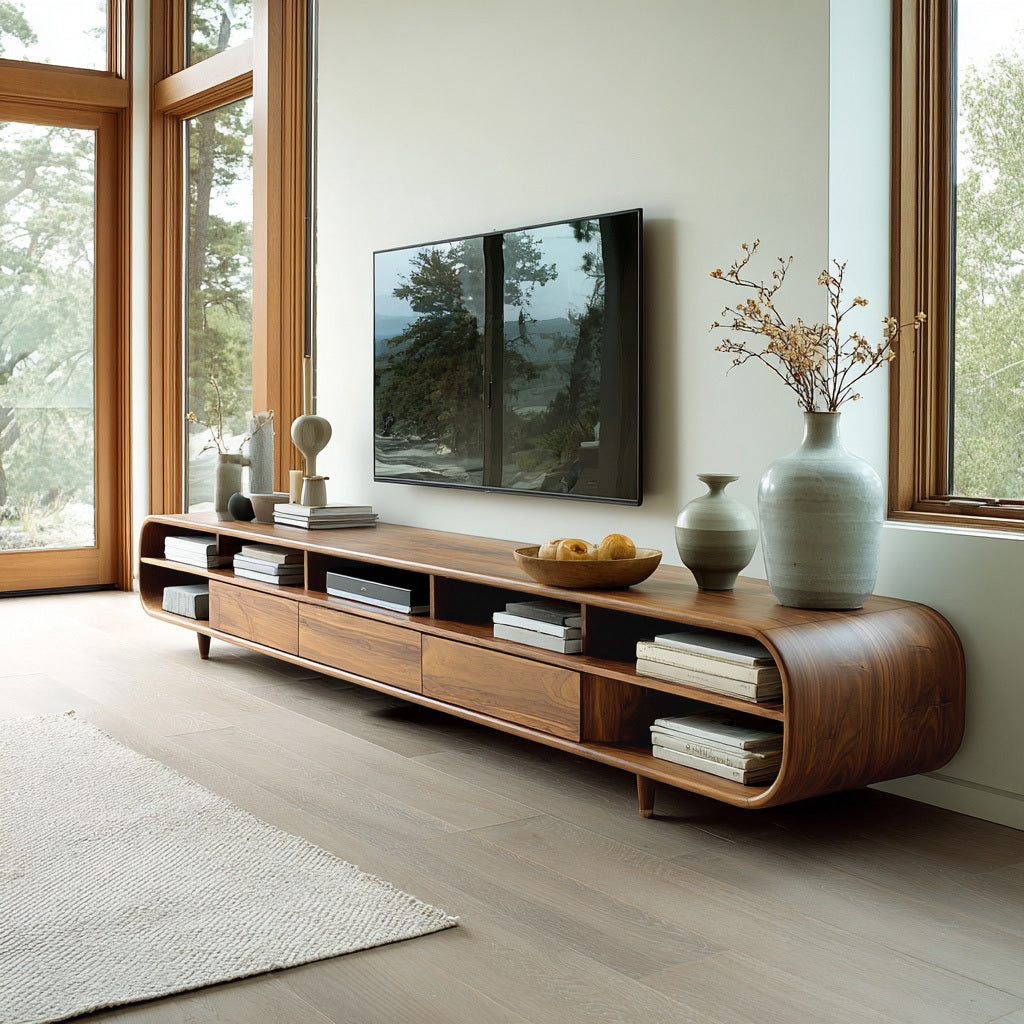 Mid-Century Solid Wood TV Cabinet with Drawers and Open Shelves - Image 6