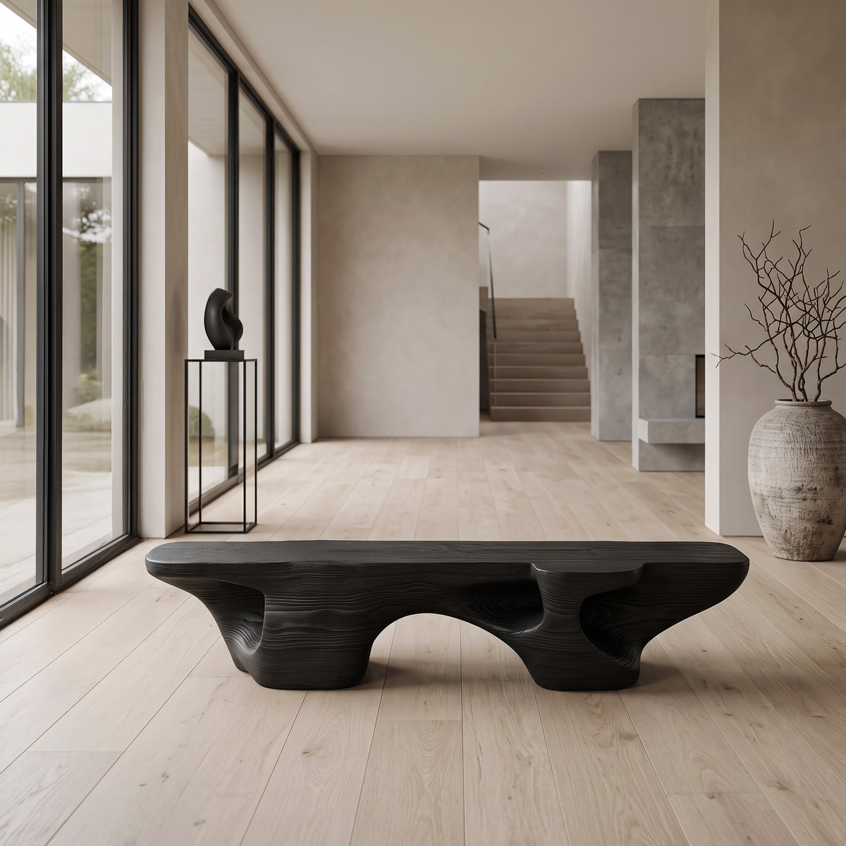 Carved Solid Wood Sculptural Bench in Black for Living Room - Image 3