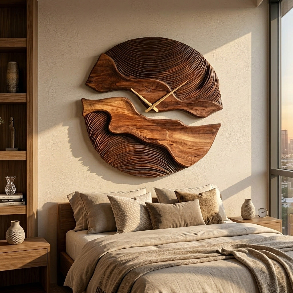 Carved Solid Wood Wall Clock with Organic Split Form - Image 6