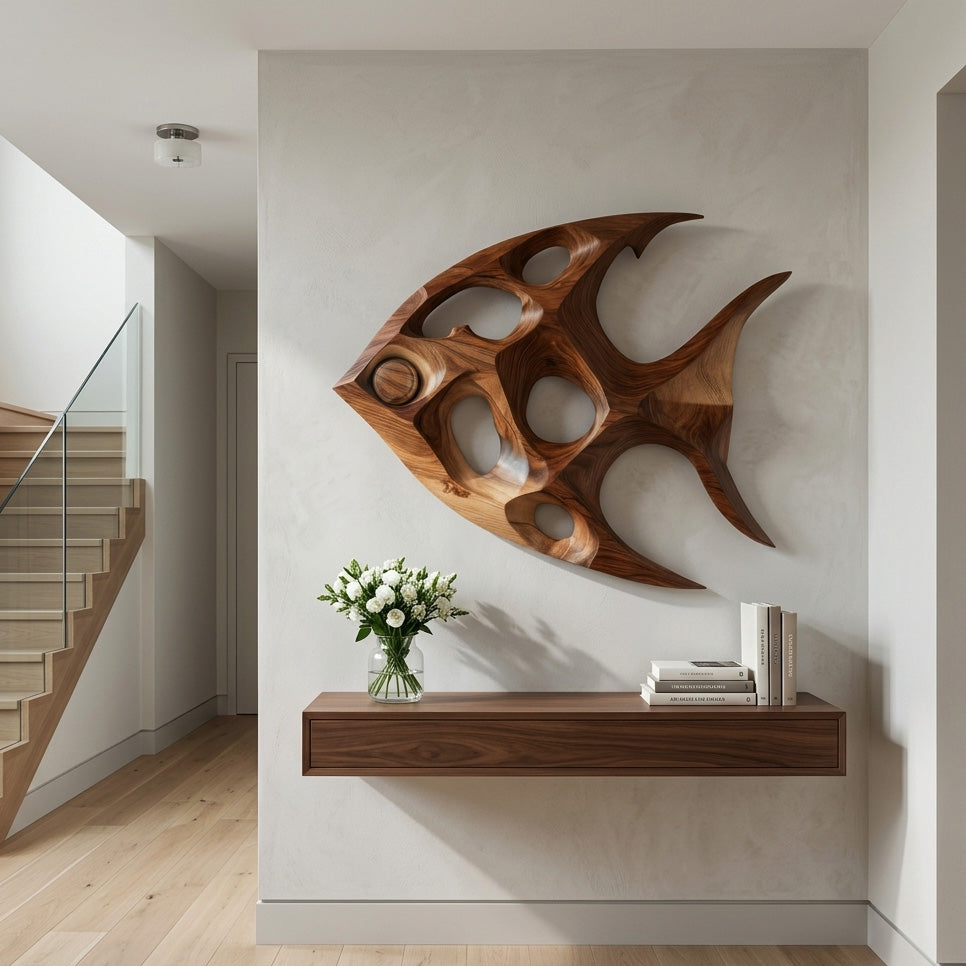 Fish Inspired Sculptural Solid Wood Wall Art with Open Voids - Image 6
