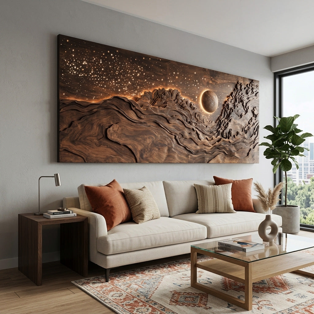 Hand-Carved Solid Wood Eclipse Wall Art with LED Backlight - Image 4