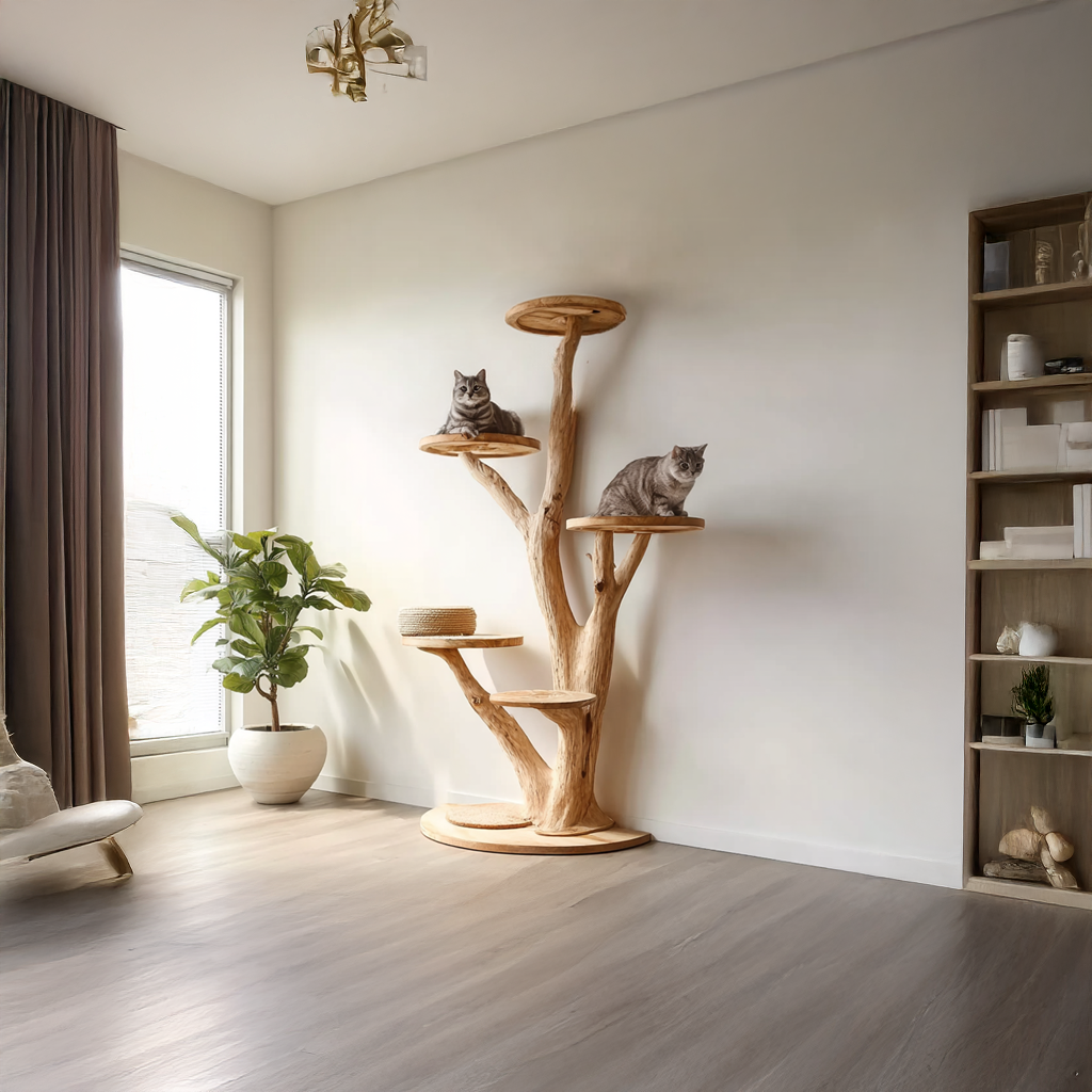 Rustic Solid Wood Tree Cat Tower with Branch Perches - Image 2