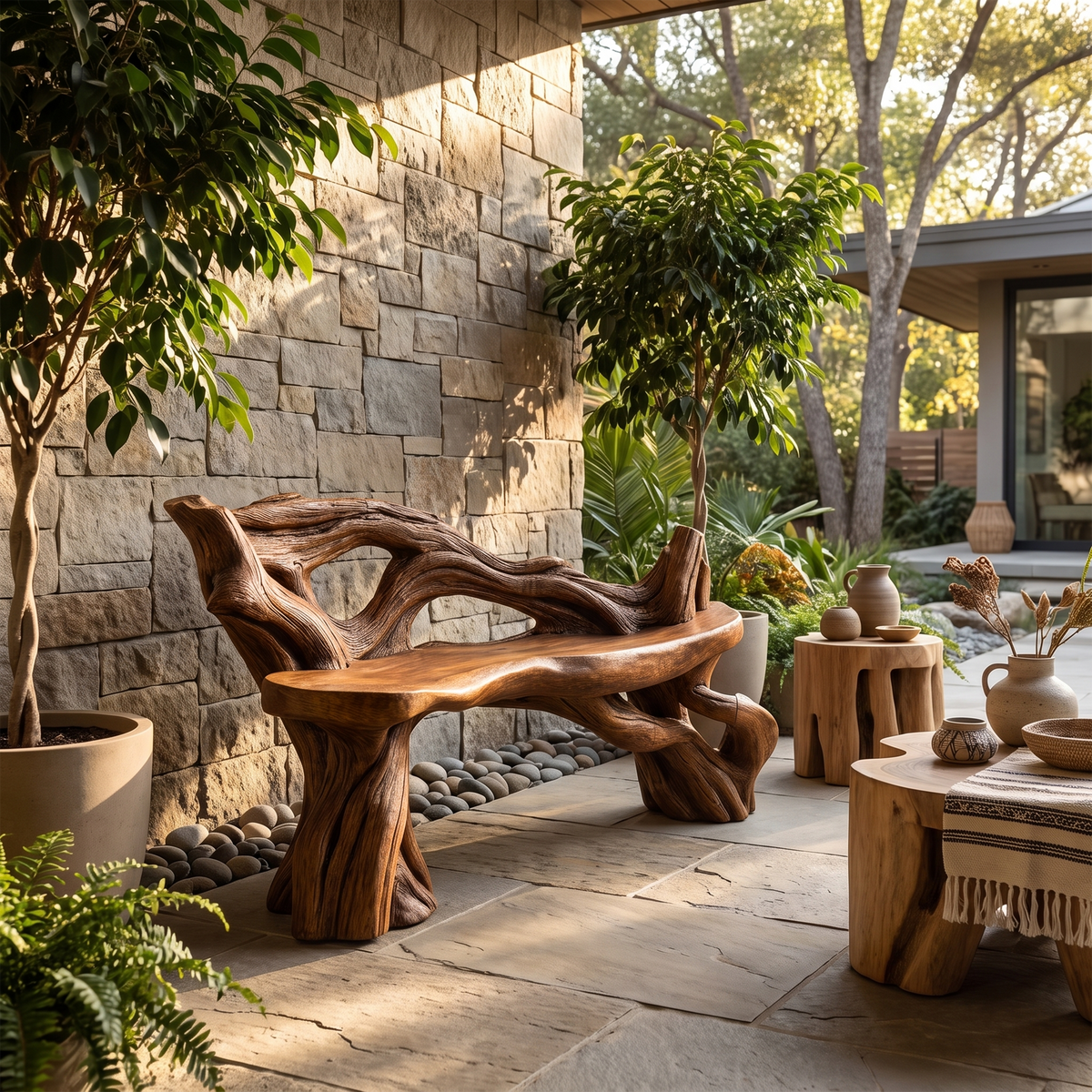 Hand Carved Solid Wood Branch Bench for Garden and Entry - Image 6