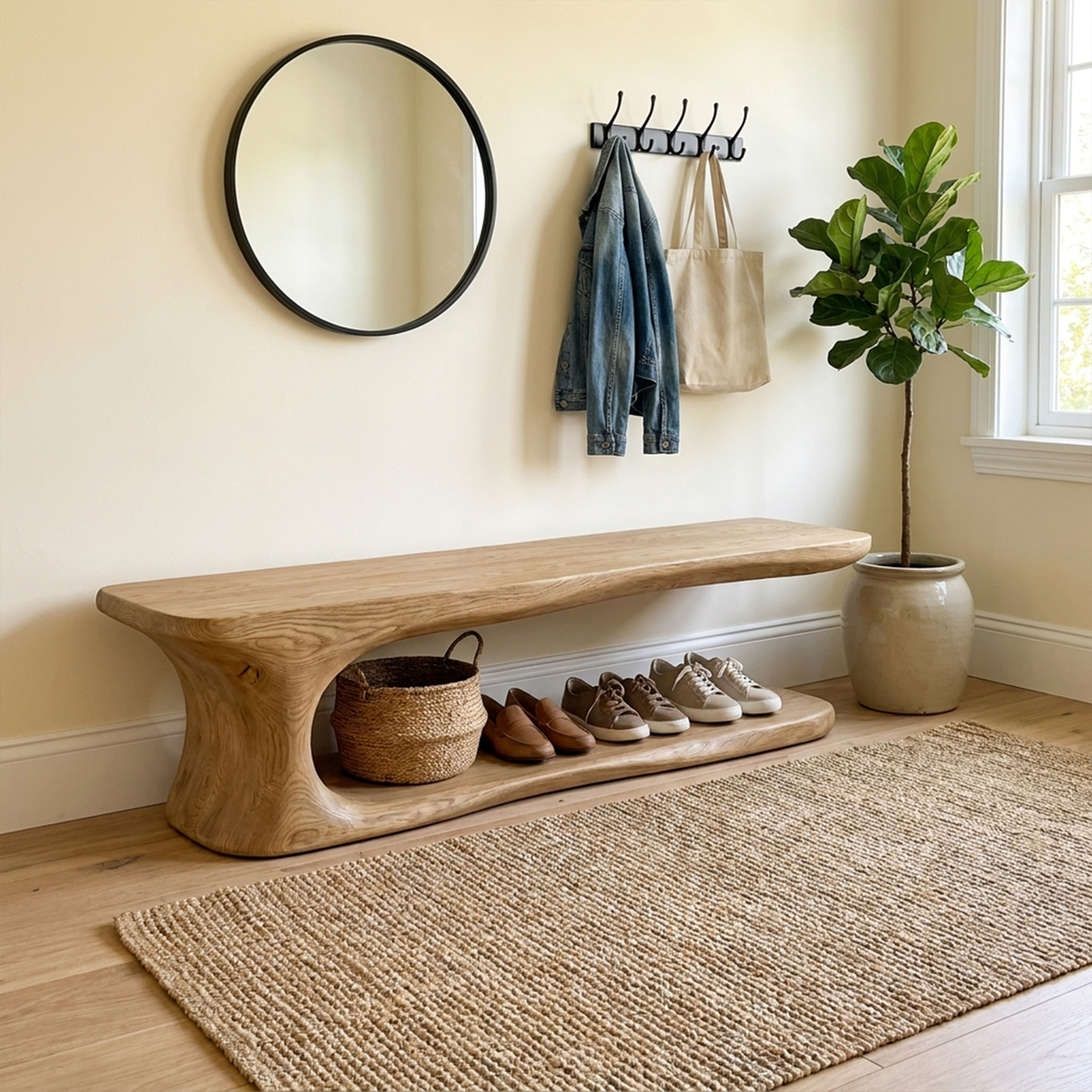 Rustic Live Edge Solid Wood Shoe Bench for Entryway - Image 5