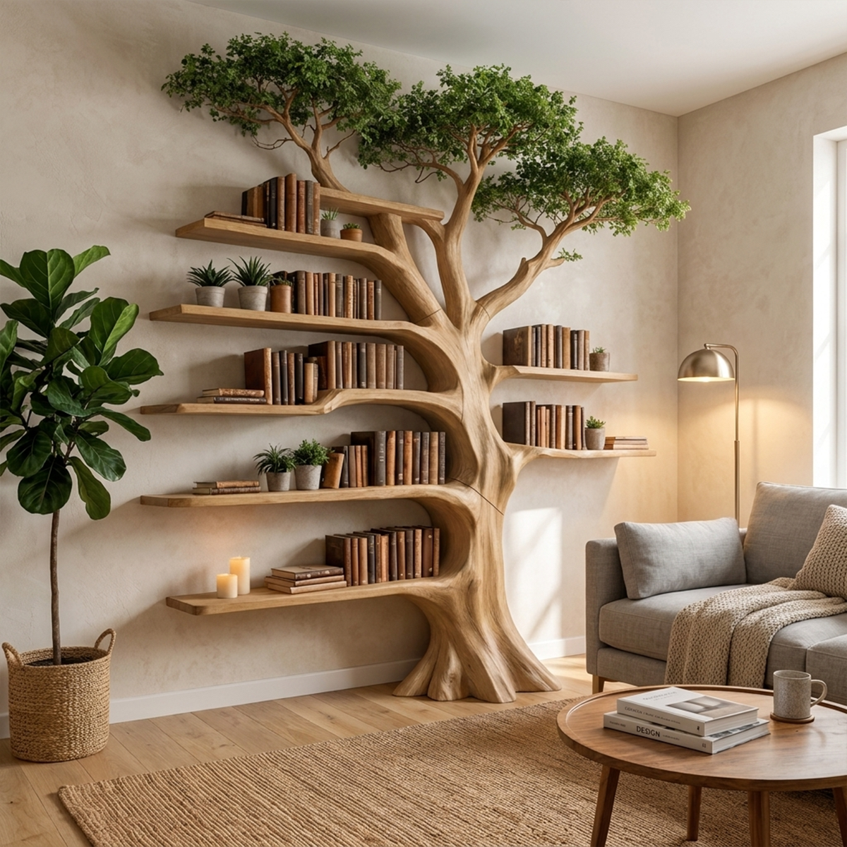 Solid Wood Tree Bookcase with Built-In Reading Bench - Image 5