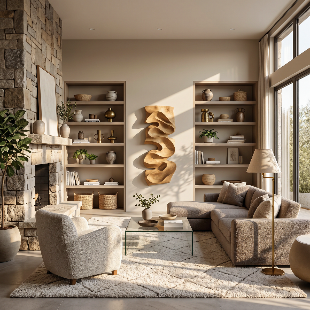 Carved Solid Wood Wall Art Panel with Cascading Curves - Image 5