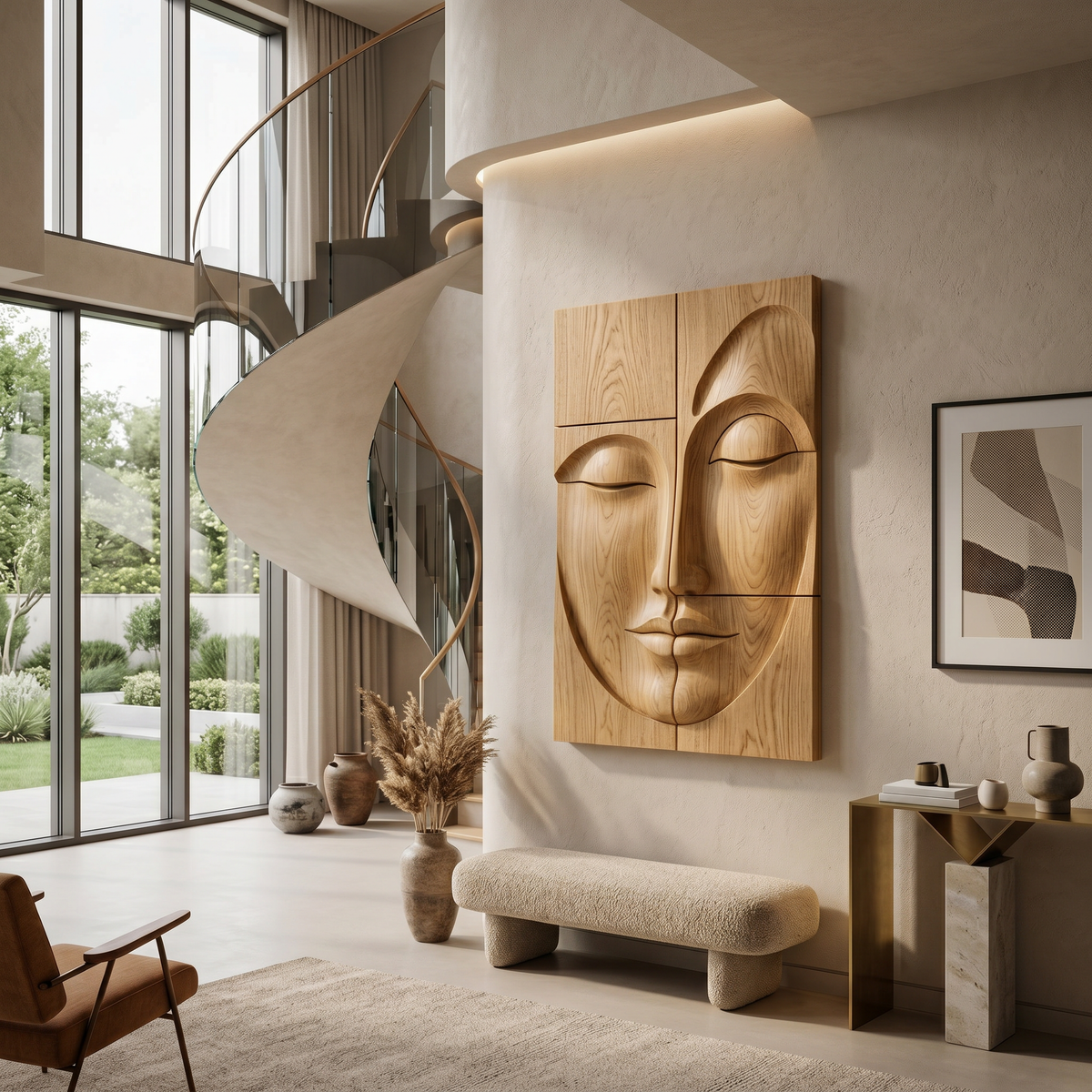 Carved Solid Wood Buddha Face Wall Art Panels - Image 5