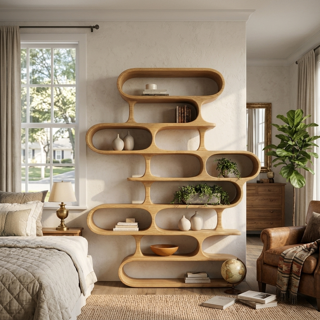 Curved Organic Solid Wood Bookshelf for Living Room or Office - Image 5