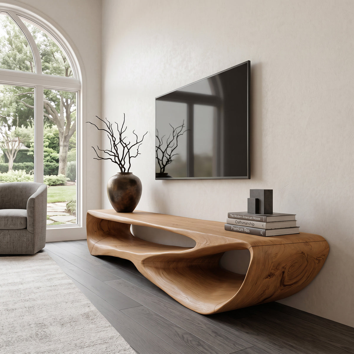Curved Solid Wood Low TV Console with Open Center - Image 5