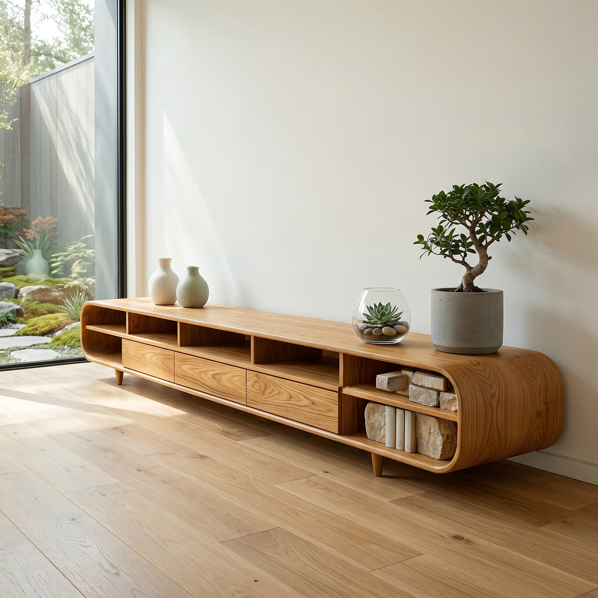 Mid-Century Solid Wood TV Cabinet with Drawers and Open Shelves - Image 5