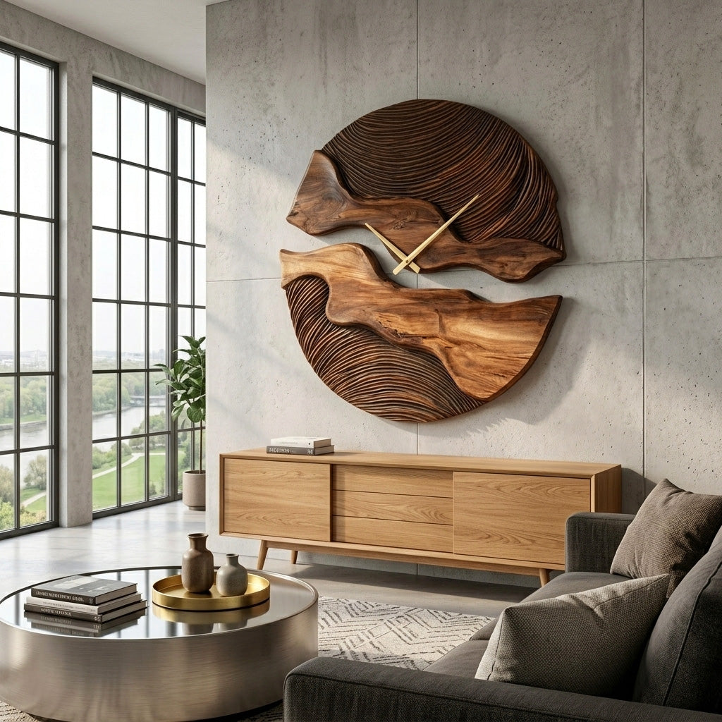 Carved Solid Wood Wall Clock with Organic Split Form - Image 3