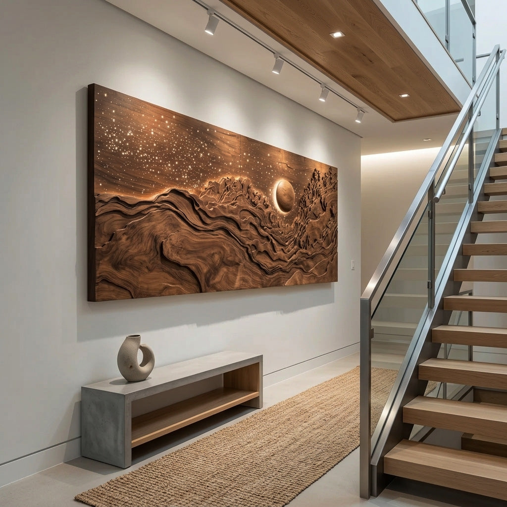 Hand-Carved Solid Wood Eclipse Wall Art with LED Backlight - Image 5