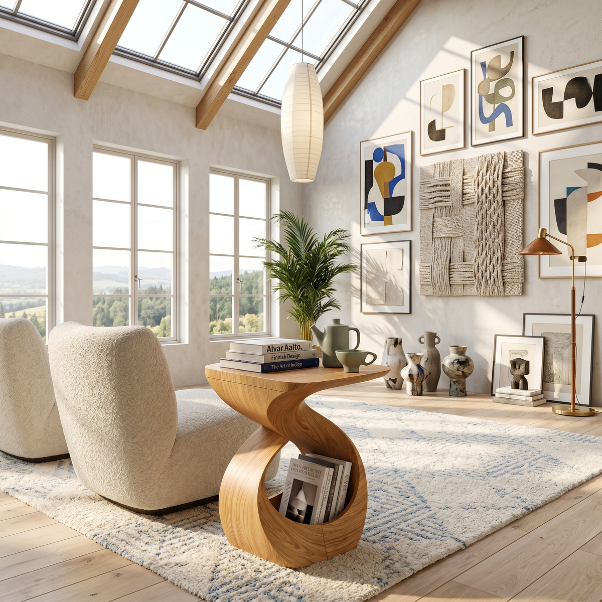 Contemporary Curved Solid Wood End Table with Open Sculptural Base - Image 5