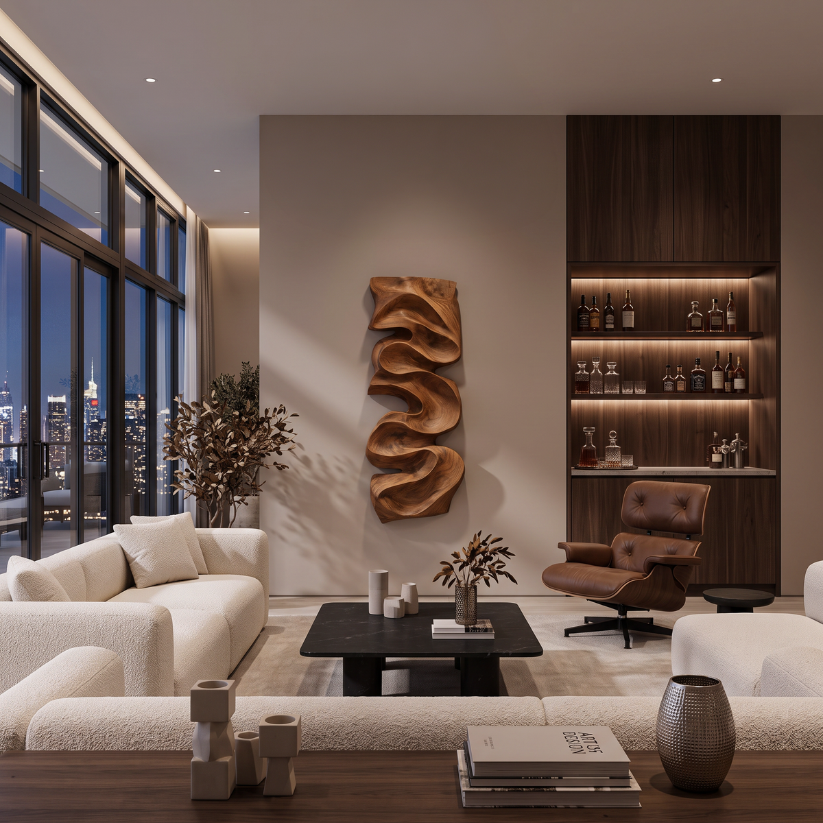 Carved Solid Wood Wall Art Panel with Cascading Curves - Image 2