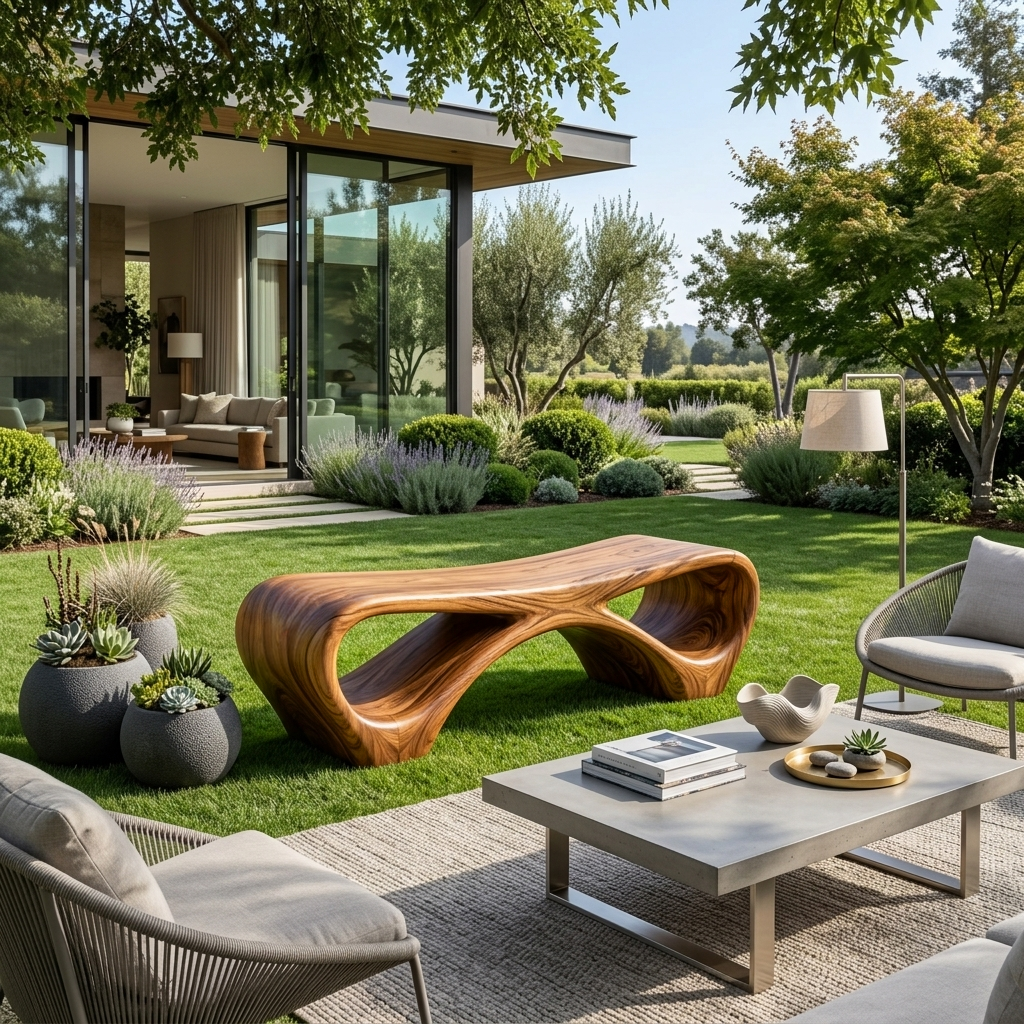 Curved Loop Solid Wood Outdoor Bench for Garden and Patio - Image 2