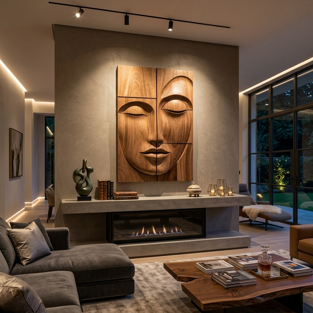 Carved Solid Wood Buddha Face Wall Art Panels - Image 2