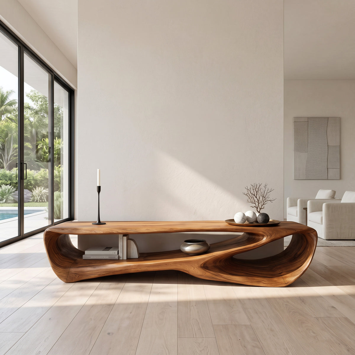 Curved Solid Wood Low TV Console with Open Center - Image 2